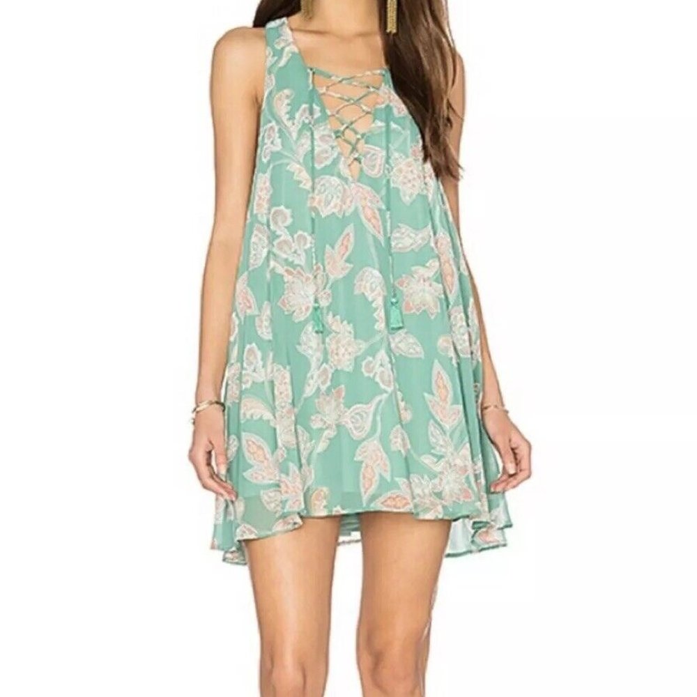 Show Me Your MuMu Rancho Mirage Lace-up Dress Indigo Teal Paisley Womans Size S